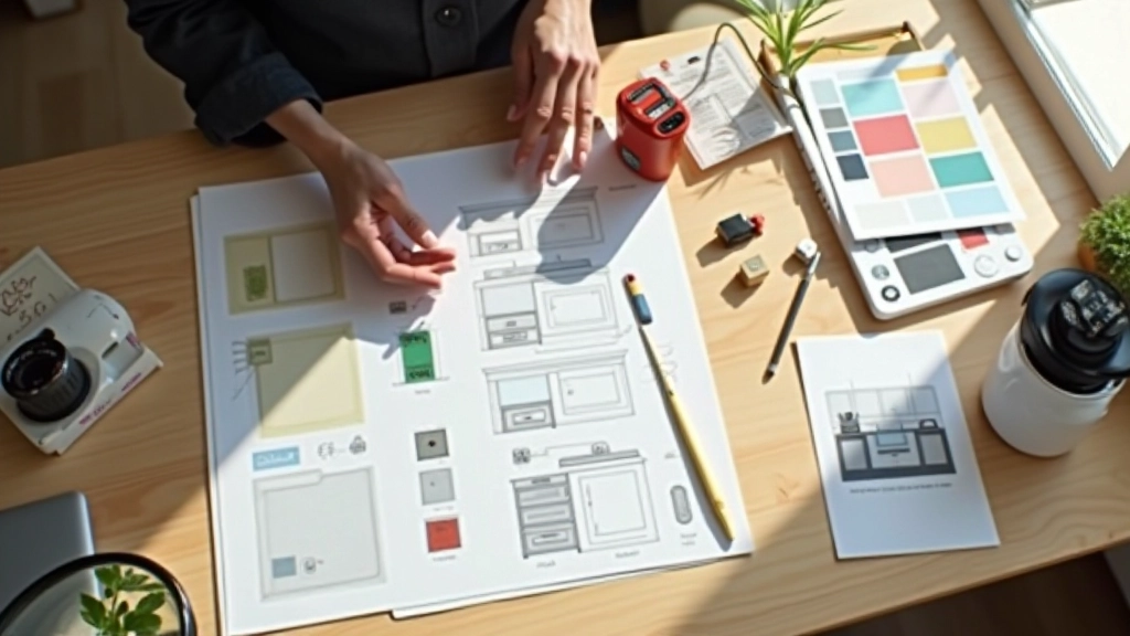 Professional interior design workspace with kitchen design samples and planning materials