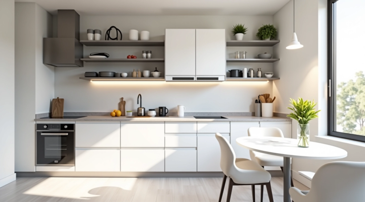 Modern compact kitchen with efficient storage and minimalist design in apartment
