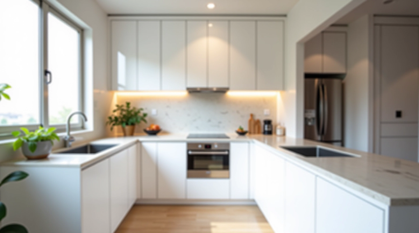 Modern compact kitchen with white cabinets and stainless steel appliances in small apartment